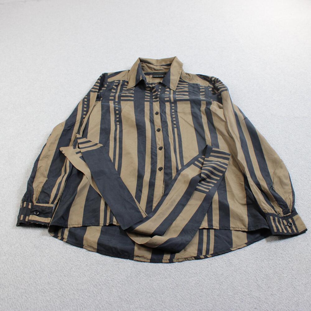 Trouvé Silk Shirt Women XS Brown Black Stripe Button Long Sleeve Scarf Office